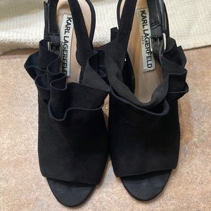 Karl Lagerfeld Paris suede leather black size 7 peep toe sling back ruffle front